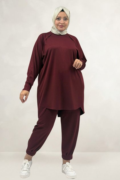 67075 Plus Size Skirt and Piece Detailed Modal Pants Set - Burgundy