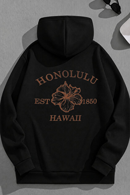 Unisex 3 Thread Cotton Black Honolulu Print Loose Fit Sweatshirt Hoodie