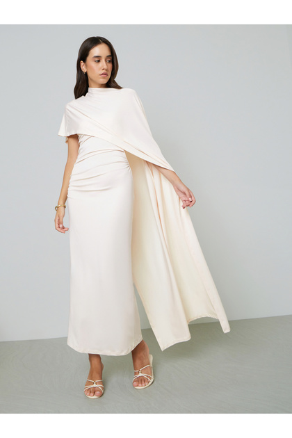 Beige Bodycon Maxi Dress with Cape Detail