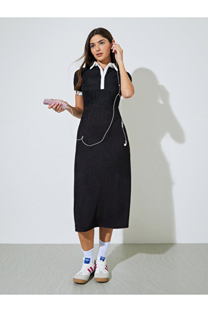 Black Textured Contrast Trims Shirt Midi Dress