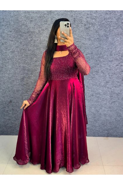 Maroon Space Silk Embroidered Gown with Dupatta & Belt - FFT7710 | Maroon-Size:3XL-46-Inches