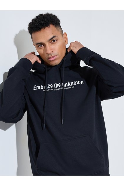 Charcoal Slogan Print Kangaroo Pocket Relaxed Fit Hoodie