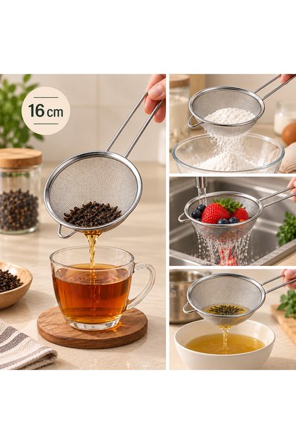 Paslanmaz Çelik 16 cm Çay Süzgeci – İnce Gözenekli Mutfak Süzgeci – Un, Baharat, Sos ve Meyve Sebze Süzme Aparatı