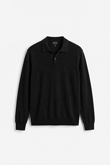 basic™ Uzun Kol Polo Yaka Siyah Triko T-Shirt
