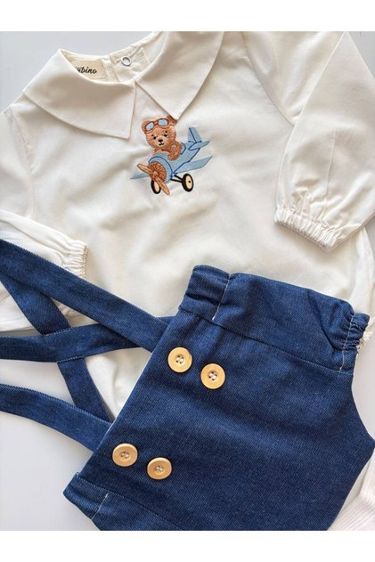 Handmade 100% Cotton Teddy Bear and Airplane Embroidered Jean Romper Set