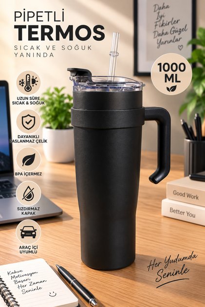 Double Wall Travel Leak-Proof Steel Thermos 1000 ml Steel Flask with Straw