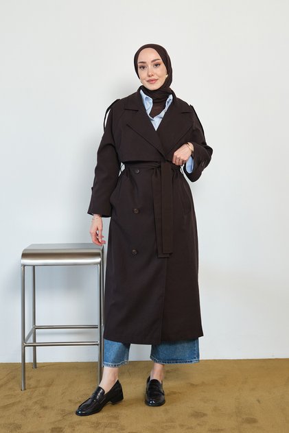 Women's Epaulette Detail Double Breasted Collar Lined Midi Length Trench Coat Bitter Brown