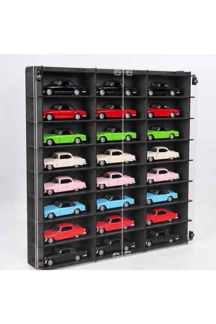 1:32 Diecast Araba Sergileme Vitrini, 24 Araçlık Pleksi Kapaklı 1/32 Ölçek Oyuncak Araba Rafı