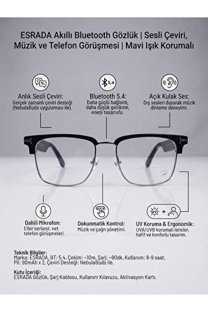 Smart Bluetooth Glasses | Voice Translation, Music, and Phone Call | Blue Light Protection Es204