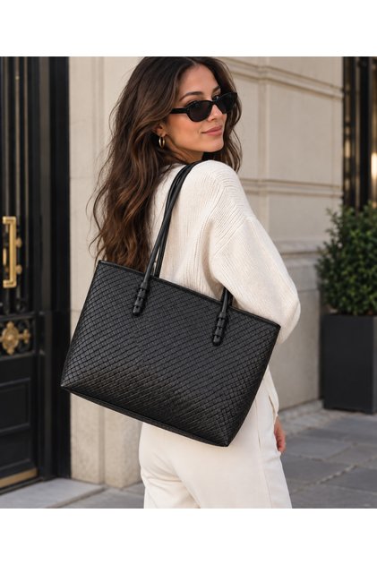 Women's Black Knitted Patterned Large Shoulder Bag – Daily Use Tote Bag
