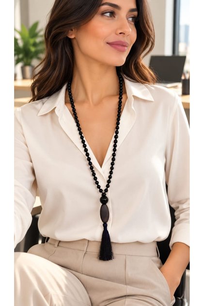 Black Onyx Crystal Long Necklace – 4 Color Silk Tassel Options Available