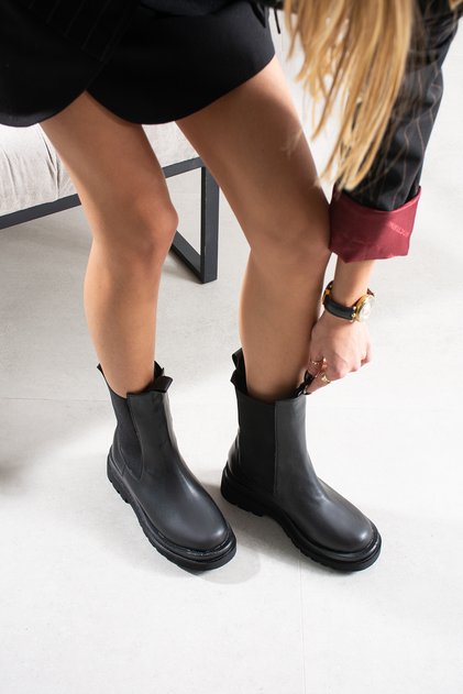 Women's Black Thick-Soled Ankle Boots, Zippered, Flat Sole