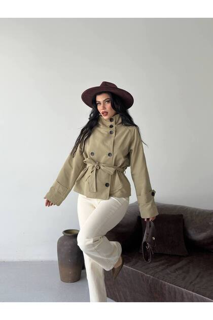 Women's Belted Stand Collar Buttoned Waist-Tied Stylish Casual Trench Coat
