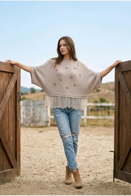 Crystal Flower Lace Detail Women’s Knitwear / Taş Çiçek Detaylı Dantelli Kadın Triko