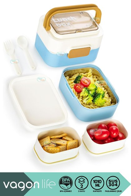 Bento 1010ml New Lunchbox Series, Double Color, Two Layers, One Steel Bowl, Two Mini Food Grade Plastic Containers, 16X10X11.5Cm Size, Stainless Steel Lunch Box, Children's First School Lunch Box, Bpa Free, Special Boxed
