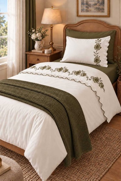 Rosalin Rose Embroidered and Ruffled 100% Cotton 5 Piece Single Duvet Cover Set
