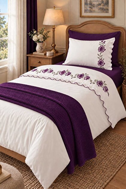 Rosalin Rose Embroidered and Ruffled 100% Cotton 5 Piece Single Duvet Cover Set