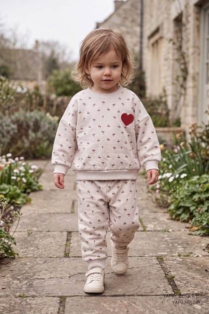 100% Cotton Girls' Tracksuit Set - Heart Emblem Patterned Sweatshirt and Sweatpants 2-Piece Set