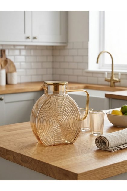Borosilikat Cam Amber Salyangoz Desenli Sürahi 2500 Ml Buzdolabı Kapağına Uygun