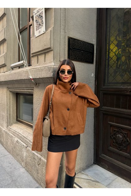 Women's Tan Buttoned Stand Collar Suede Jacket