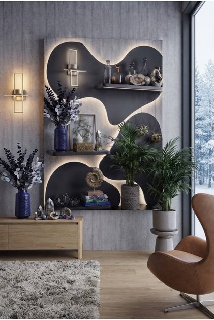 Premium Özel Tasarım Kanvas Tablo 3D Kabartma Görünümlü 3D Efektli Dekorasyon Organik Hatlı Antrasit Raflı ve LED Aydınlatmalı Duvar Panosu