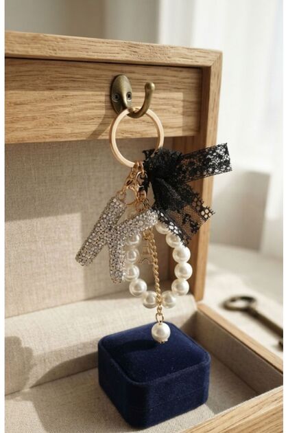 Zircon Stone, Pearl and Tulle Detailed Letter Keychain & Bag Accessory