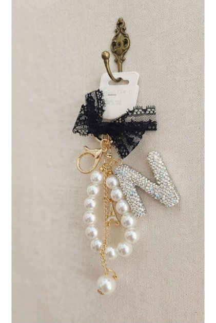 Zircon Stone, Pearl and Tulle Detailed Letter Keychain & Bag Accessory