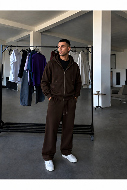 Erkek Fermuarlı Bol Paça Baggy Oversize İkili Eşofman Takımı