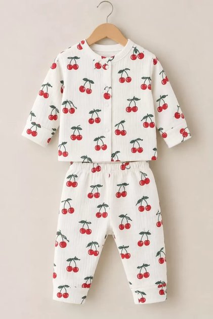 3-12 Months Cherry Printed Combed Cotton Baby Pajama Set with Snap Fasteners