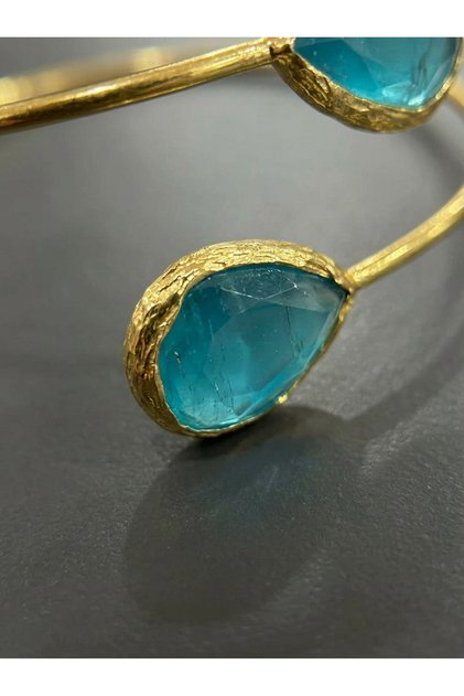 Turquoise Stone Detailed Gold Color Open-Ended Women's Bracelet