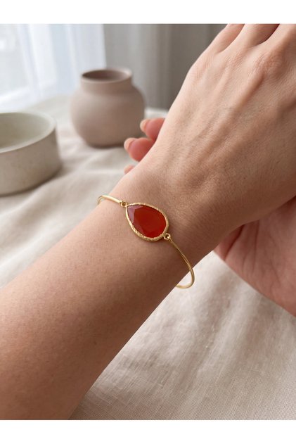 Red Natural Stone Detailed Gold Color Women's Bracelet