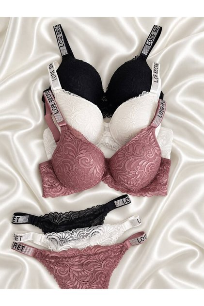 Women's lace stone underwire support padded push-up bra set lingerie set triple set