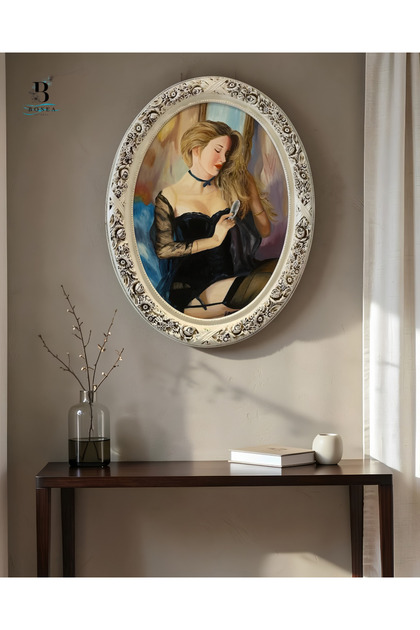 Oval Kadın Figürlü Yağlı Boya Tablo 90x68 cm – MDF Üzeri El Yapımı Çiçek Desenli Çerçeveli Dekoratif Duvar Tablosu