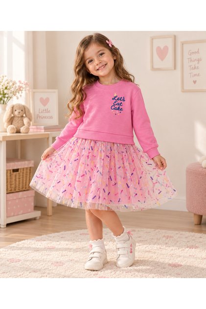 Candy Pink Lets Printed Tulle Girls' Dress 4 Years-7 Years