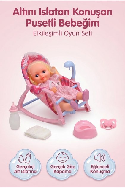Altını Islatan Konuşan ve Gözleri Kapanan 32 cm Bebek, Pusetli ve Klozetli Tam Bakım Seti