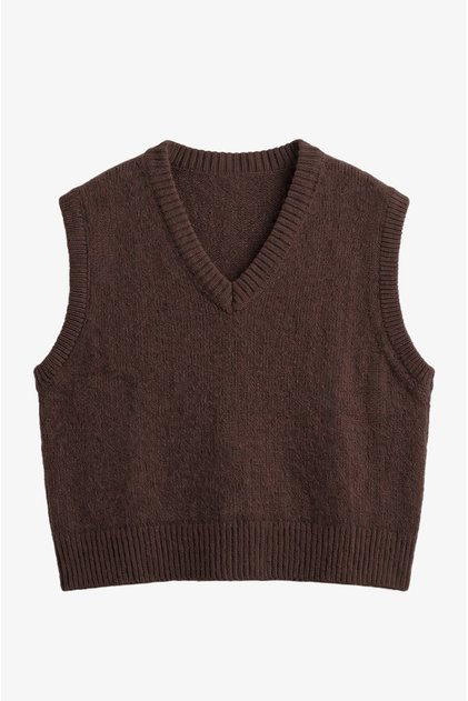 Brown V-Neck Ribbed Trim Sleeveless Sweater