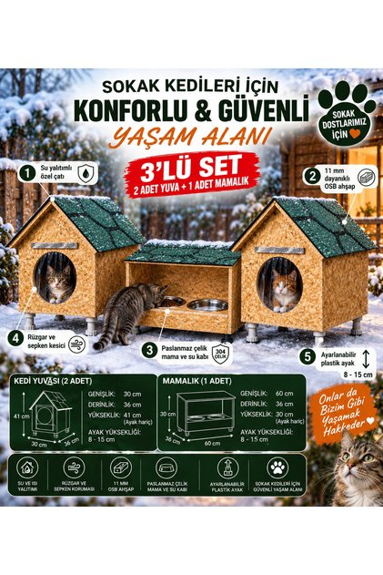 Kedi evi kedi yuvası kedi mamalığı 3 lü set HAZIR KURULU GÖNDERİLMEKTEDİR