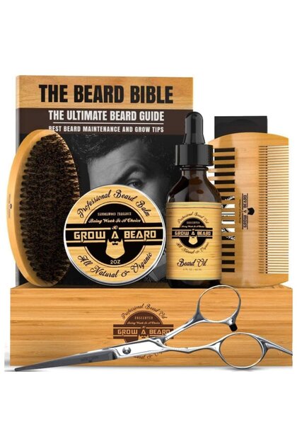 Set complet ingrijire barbati pentru barba si mustata, 8 piese, sampon, balsam, ulei, perie, piaptan