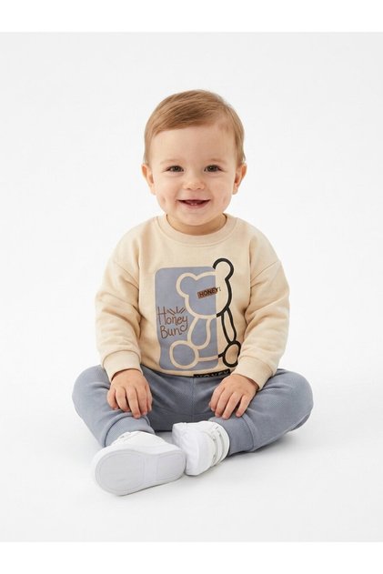 Cotton Teddy Bear Detailed 2-Piece Baby Boy Set Gray
