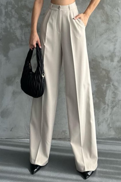 Women's pleated high waist lycra palazzo pants 3024 beige