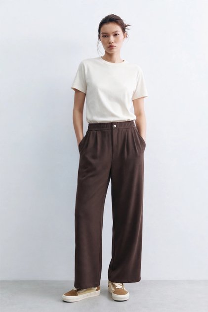 Women's Buttoned Elastic Waist Loose Trousers - Bitter Brown