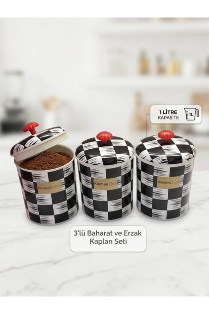 Dama Black and White Patterned Plastic Spice Container Set – Kitchen Coffee Tea Sugar Storage Container with Lid