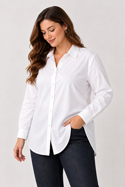Women's White Classic Viscose Long Shirt Plus Size Relaxed Fit Long Sleeve Basic