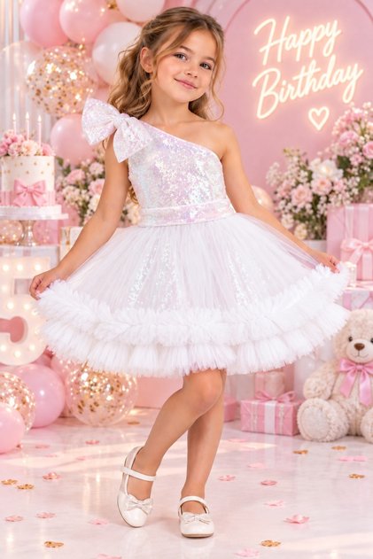 Girl's One-Shoulder White Ruffle Detailed Dress Costume