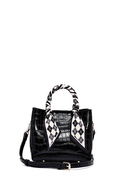 Women's Black Long Strap Crocodile Patterned Mini Shoulder Bag Wb24000651