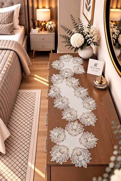 Luxury French Lace, Linen Gardenia, 3 Piece Makeup and Nightstand Cover, Bedroom Set
