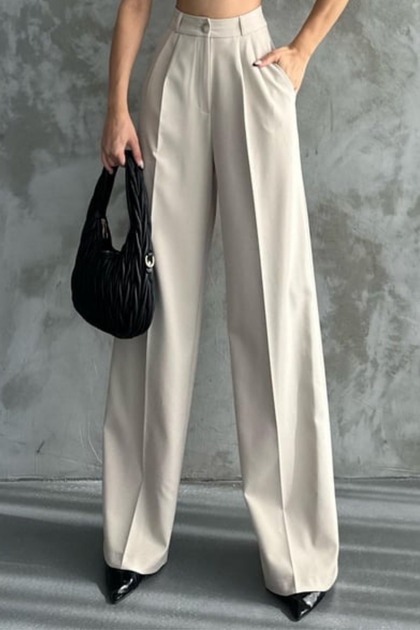 Women's Pleated High Waist Wide Leg Lycra Palazzo Trousers 1139 Beige