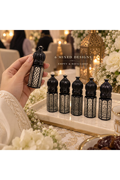 12 زجاجة عطر سوداء فارغة لهدايا الزفاف والخطوبة، زيت عطري (6 مل)، 6 تصاميم متنوعة