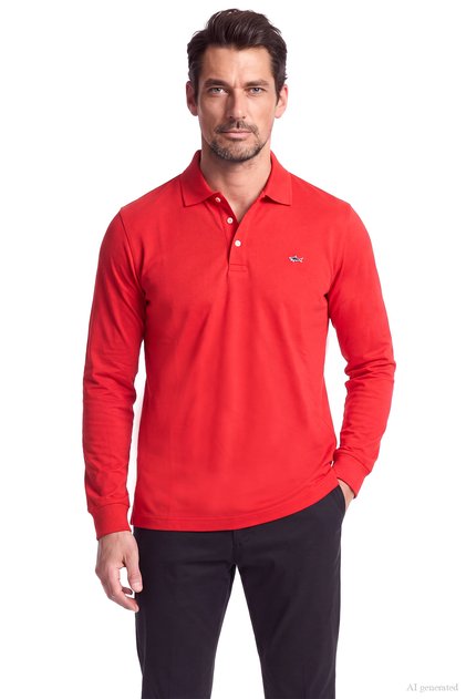 Men's Regular Fit Cotton Pique Fabric Logo Embroidered Short Sleeve Red Polo Collar T-Shirt