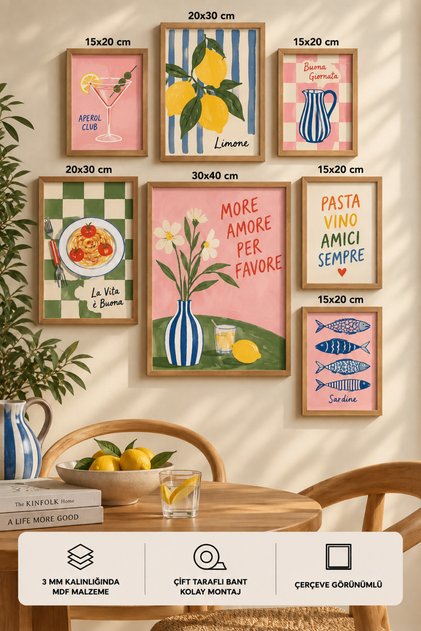 7'li Çerçeve Görünümlü Modern Tablo Seti | Retro & Pop Art - Dolce Vita | Salon, Ofis, Mutfak ve Çalışma Odası Duvar Dekoru